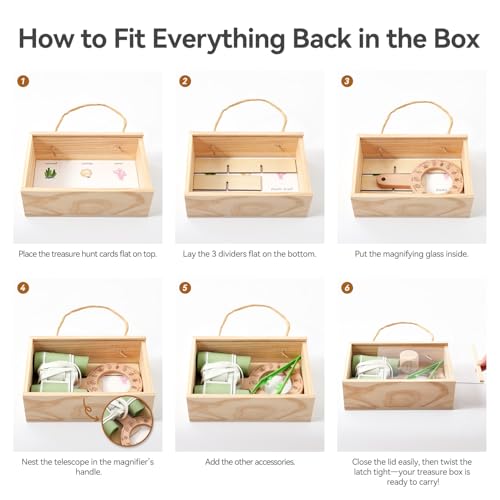 Wooden Scavenger Hunt for Kids Ages 4-8, 6-in-1 Explorer Kit, Bug Catching Kit with Scavenger Hunt Cards, Storage Box, Dice, Magnifying Glass, Indoor/Outdoor Games for Kids Ages 4+