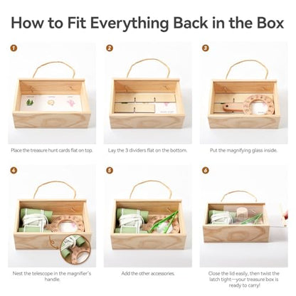 Wooden Scavenger Hunt for Kids Ages 4-8, 6-in-1 Explorer Kit, Bug Catching Kit with Scavenger Hunt Cards, Storage Box, Dice, Magnifying Glass, Indoor/Outdoor Games for Kids Ages 4+