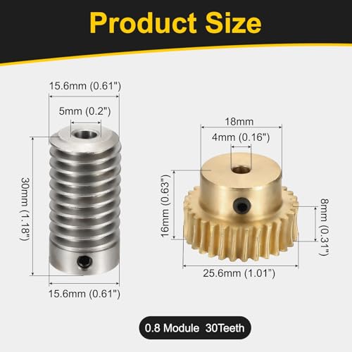 uxcell Worm Gear Set 30T 0.8 Module 1:30 Reduction Rate, Right Rotation Drive Gear Box Wheel Reduce Transmission Part (Brass Gear-4mm Bore, 1045 Steel Rod 5mm Bore) - size: Gear-4mm, Rod-5mm Bore, style: 0.8M-30T