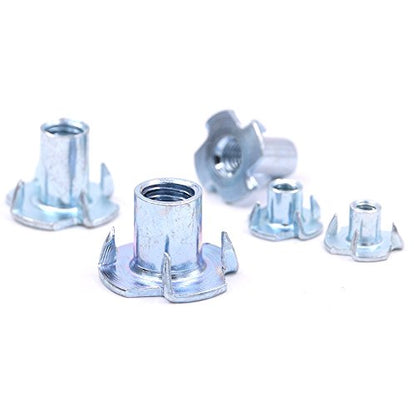 Hilitchi 105-Pcs M4 5 6 8 10 Zinc Plated Steel T Nuts Four Claw Nuts Assortment Kit for Wood Rock Climbing Holds Cabinetry Furniture