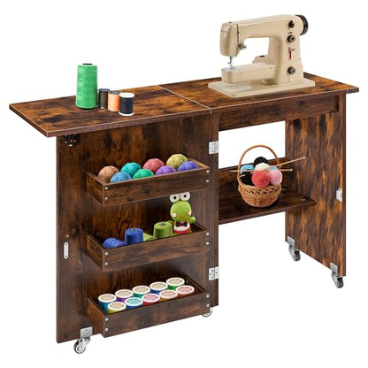 VIVOHOME Folding Sewing Table for Sewing Machine, Sewing Desk with Storage - color: Rustic Brown