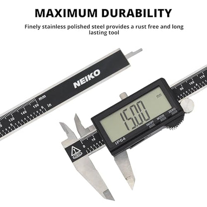 NEIKO 01401A 6-Inch Electronic Digital Caliper, Stainless Steel, Extra Large LCD Screen, Measurement Conversions for Inches, Millimeters, and Fractions - size: 6 Inch, XL Screen, style: Stainless Steel