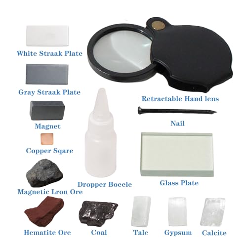 Mineral ID Kit Rock Mineral Identification Kit - Includes Streak Plates, Glass Plate, Magnet, Dropper Bottle, Nail, Hand Lens, Cooper Sheet, Rock & Mineral Geology Kit