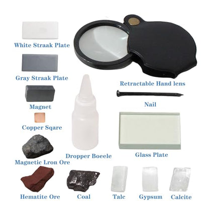 Mineral ID Kit Rock Mineral Identification Kit - Includes Streak Plates, Glass Plate, Magnet, Dropper Bottle, Nail, Hand Lens, Cooper Sheet, Rock & Mineral Geology Kit