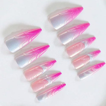Almond Press on Nails Long Fake Nails Pink French Tip False Nails Purple Ombre Stick on Nail Water drops Swirl Glue on Nails Cute Sparkly Artificial Nail for Women 24Pcs - color: Style02