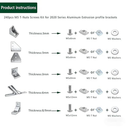 240pcs M5 T-Nuts Screws Kit for 2020 2040 8020 Series Aluminum Extrusion,40Pcs M5x8,40Pcs M5x12 Hexagon Socket Screws,40Pcs M5 T Sliding Nut,40Pcs M5 T Nut,80Pcs Washers - style: 240pcs 20 Series Screws Kit Silver