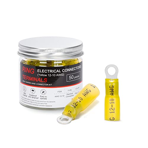 HKS 50 PCS Ring Terminals #8 Yellow 12-10 AWG - M4 - Electrical Connectors - Heat Shrink Wire Connector Kit - Tinned Red Copper - Automotive Marine Ring Connectors - Waterproof and Insulated - color: Yellow, size: #8 (M4)