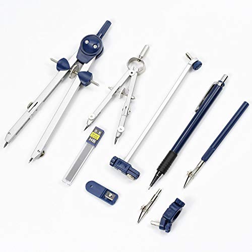 UNJOO 9Pc Geometry Set Metal Compass, Geometry Precision Tool (Blue)