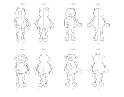 McCall's M8546OS Bear, Frog, Monkey, and Cow Plush Animals Sewing Pattern Packet by Carla Reiss, Design Code M8546, Sizes 17" Tall