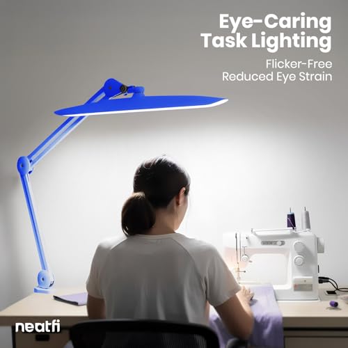 Neatfi XL 2200 Lumens 24W LED Desk Lamp – Shadow-Free Task Lighting | 4-Level Dimming | Home Office & Crafts Use | 20-Inch Wide Head (Sapphire Blue, Non-CCT with Clamp) - color: Sapphire Blue, size: Non-CCT with Clamp