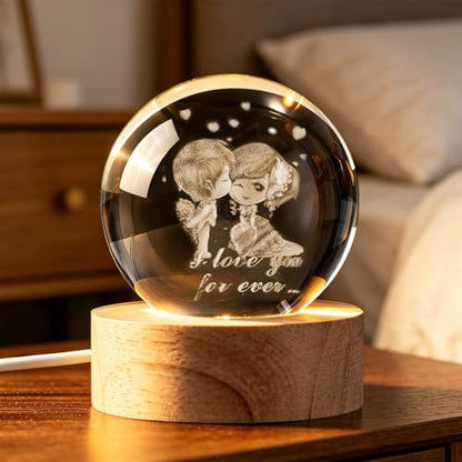 3D Engraved Couple Lover Crystal Ball, 2.4in 60mm Color‑Changing LED Night Light with Wooden Base, K9 Crystal Sphere, Romantic Gift for Her Him Anniversary Valentine’s Day - color: Clear-loving Couple