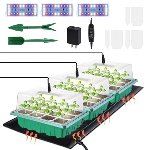 3-Pack Seed Starter Trays with Heat Mat, Seed Starter Kit with Grow Lights, 36 Large Cells Seed Germination Kit with Adjustable Humidity Vents for Indoor Plants Seeds Starting, Ideal Gardening Gifts - size: M×3 with Heat Mat