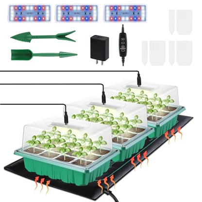 3-Pack Seed Starter Trays with Heat Mat, Seed Starter Kit with Grow Lights, 36 Large Cells Seed Germination Kit with Adjustable Humidity Vents for Indoor Plants Seeds Starting, Ideal Gardening Gifts - size: M×3 with Heat Mat