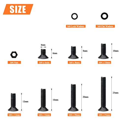 HELIFOUNER 380 Pieces M4 x 6mm /8mm /10mm /12mm /16mm /20mm /25mm, Countersunk Head Socket Cap Screws Bolts Washers Nuts Kit, 10.9 Grade Alloy Steel, Full Threaded, Black - size: M4, style: Countersunk Head