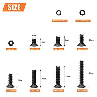 HELIFOUNER 380 Pieces M4 x 6mm /8mm /10mm /12mm /16mm /20mm /25mm, Countersunk Head Socket Cap Screws Bolts Washers Nuts Kit, 10.9 Grade Alloy Steel, Full Threaded, Black - size: M4, style: Countersunk Head