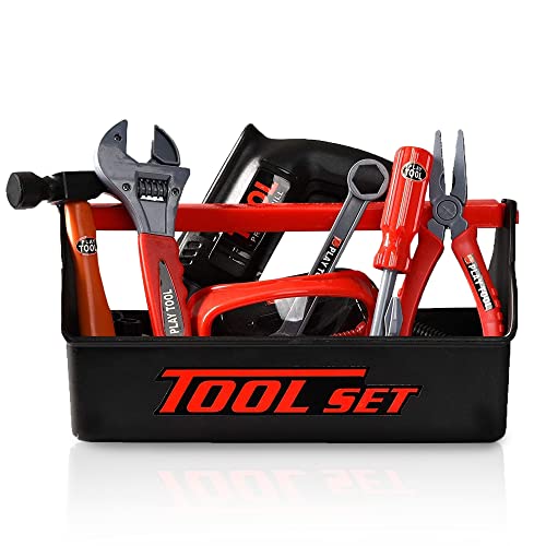Playkidz Tool Box for Kids 22-Piece Boys & Girls Construction Toy Playset w/ Carry Chest, Working Push Button Power Drill, Hammer, Screwdriver, Wrench, Pliers, Saw & Other Realistic Tools Ages 3+