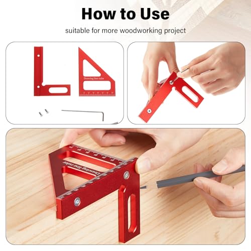 4 Pcs Woodworking Ruler, Metal Precision Pocket Rulers 12, 8, 6 Inch with 3D Multi Angle Measuring Ruler 45/90 Degree for Precision Measuring Marking Inch and Metric