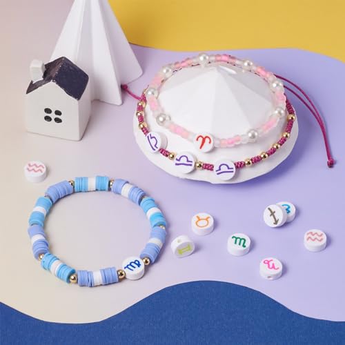 Elecrelive 180pcs Zodiac Clay Beads 12 Constellations Flat Round Loose Beads 10mm Disc Polymer Clay Beads for Jewelry Necklace Earring Friendship Birthday Bracelet Making - color: Mixed Color-12 Constellations