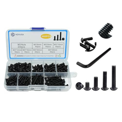 460Pcs M3*6/8/10/12/16/20/25mm, Button Head Socket Cap M3 Screws Bolts and Nuts Assortment Kit with 1 Hex Wrench, Black Zinc Plated, 8.8 Grade Alloy Steel - size: M3 460Pcs 6mm-25mm