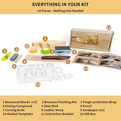 KARVLY Wood Carving Kit for Beginners Adults - 10-Piece Whittling Kit with Stainless Steel Knife, Basswood Blocks, Leather Strop & QR Video Tutorial