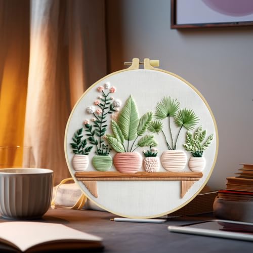 Full Range Embroidery Kit for Adult, Green Plant Pattern Embroidery Kit for Beginners Include Embroidery Cloth Hoops Threads for Craft Lover Hand Stitch with Embroidery Skill Techniques (Plant1) - color: Plant1
