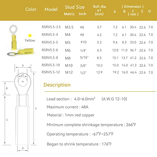 HKS 50 PCS Ring Terminals 1/2" Yellow 12-10 AWG - M12 - Electrical Connectors - Heat Shrink Wire Connector Kit - Tinned Red Copper - Automotive Marine Ring Connectors - Waterproof and Insulated - color: Yellow, size: 1/2" (M12)