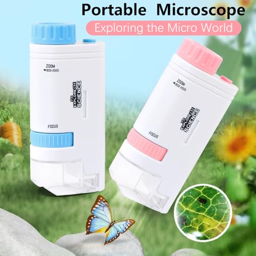 Microscope Pocket Handheld Miniscope 80X-200X Portable Microscope with LED Light for Learning Education Exploring (Pink)