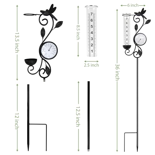 36in Dragonfly Rain Gauge Thermometer Black Metal Garden Stake Decor - color: Black Dragonfly