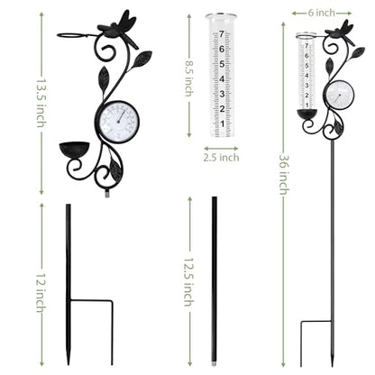 36in Dragonfly Rain Gauge Thermometer Black Metal Garden Stake Decor - color: Black Dragonfly