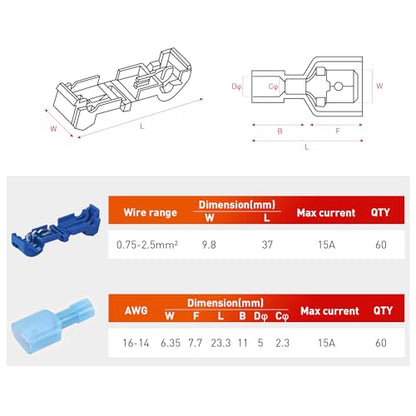 Nilight 120PCS/60 Pairs Blue T-Tap Quick Splice Disconnect Wire Terminals - size: 120Pcs 16-14AWG