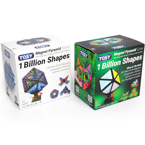 TOSY Magnet Pyramid - 1 Fidget Cube Transforms into 1 Billion Shapes, 243 Rare Earth Magnets, Glowing, Holographic Design, Spinner Accessory, Gift for Christmas Birthday (Set of 1 Stone 1 Glow) - color: Mixed (Set of 2)