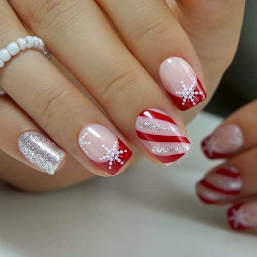 CurvLife Shrot Square Christmas Press On Nails, Candy Cane Red, Soft Gel - color: Christmas Candy