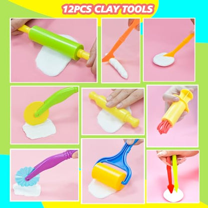 Dough Tool Set, 31 Pcs Basic Dough Tools Kits for Kids, Dough Accessories Includes Storage Container, Mat, 3D Animal, Cutters Roller, Rolling Pins, Safety Scissors