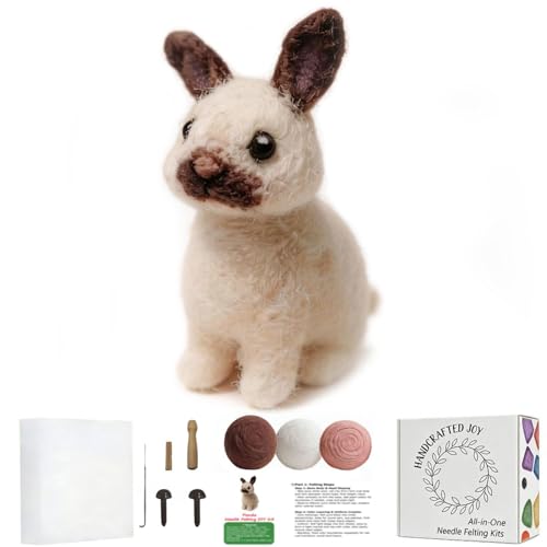 DIY Needle Felting Kit Realistic Cream Rabbit Dark Brown Markings – Needle Felting Starter Kit with Fiber Roving, Needles, Felting Pad & Instructions | Felted Rabbit Kit for Beginners Adults - color: Dark Brown