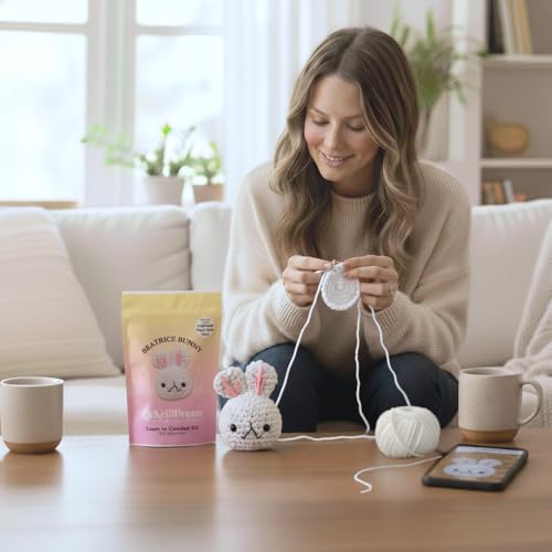 KelliDream Learn to Crochet Kit for Beginner Adults with Magic Circle Tool; Step-by-Step Video Tutorials; All Supplies to Make Cute Amigurumi (Bunny) - color: Bunny