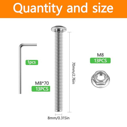 26 Pcs M8 x 70mm Flat Head Hex Socket Cap Screws Bolts Kits, 18-8 (304) Stainless Steel,Metric Bolt Assortment, Fully Threaded for Furniture, Bed, Chairs - size: M8x70mm-26Pcs