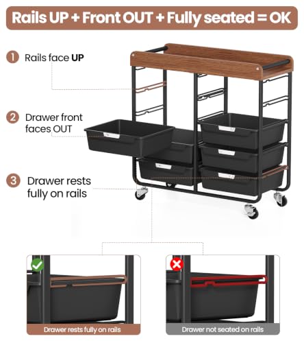10 Drawers Rolling Cart with Wooden Tabletop, Utility Storage Cart with Wheels, Art Supply Craft Organizer on Wheel with Metal Frame & Handles for Home Office School,Black - color: Black