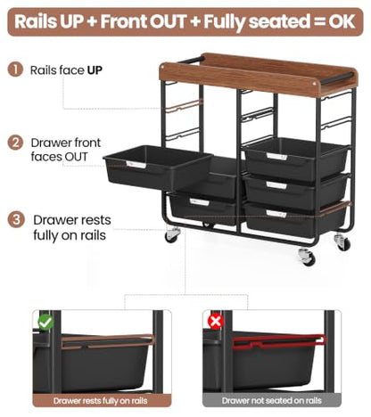 10 Drawers Rolling Cart with Wooden Tabletop, Utility Storage Cart with Wheels, Art Supply Craft Organizer on Wheel with Metal Frame & Handles for Home Office School,Black - color: Black