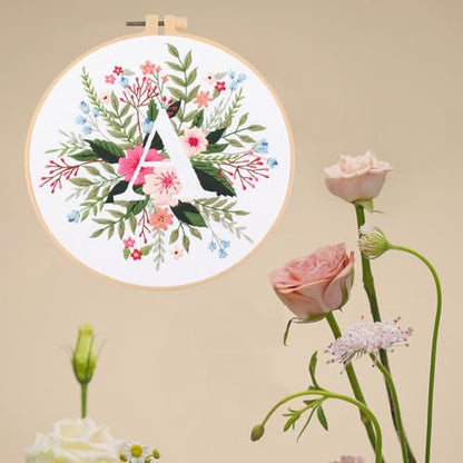 IUHUI Embroidery Kit for Beginners Adults - 26 Floral Letters Easy Patterns, DIY Hand Stitching Embroidery Set with Hoop (Flower and Grass Letter A) - color: Flower and Grass Letter A