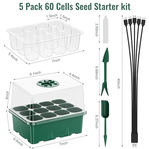 Seed Starter Tray with Grow Light, 5 Pack 60 Cells Seed Starter kit with Humidity Dome and Base, Plant Seedling Trays Indoor Greenhouse Gardening (Green 5 Pack) - color: Green 5 Pack