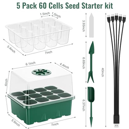 Seed Starter Tray with Grow Light, 5 Pack 60 Cells Seed Starter kit with Humidity Dome and Base, Plant Seedling Trays Indoor Greenhouse Gardening (Green 5 Pack) - color: Green 5 Pack