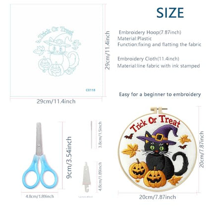 Zhenqing Halloween Black Cat Embroidery Kit for Beginners, Trick or Treat Witch Cat Needlework Kit with Pre-Printed Cotton Fabric, Hoop, Threads & Tools, Spooky DIY Decor (C0118) - style: Halloween Black Cat