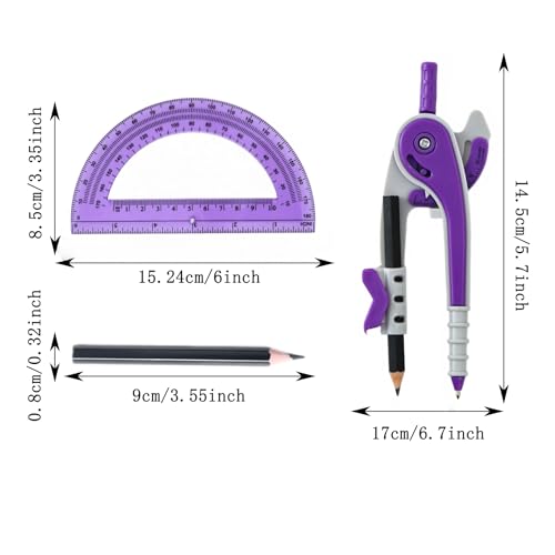 Unjoo Compass for Geometry Set, 6 Inch Protractor, Clear Plastic (Purple) - color: Purple