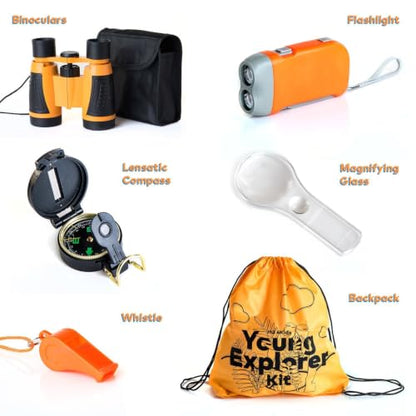 Outdoor Adventure Kit for Kids: Binoculars, Compass, Magnifying Glass & Flashlight. 3-12 Year Old Boys & Girls - color: Orange
