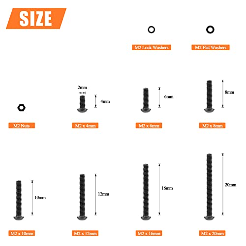 HELIFOUNER 560 Pieces M2 x 4mm /6mm /8mm /10mm /12mm /16mm /20mm, Button Head Socket Cap Screws Bolts Washers Nuts Kit, 10.9 Grade Alloy Steel, Full Threaded, Black - size: M2, style: Button Head