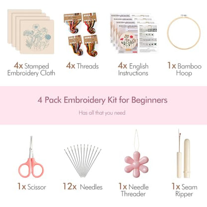 Embroidery Kit, 4 Pack Embroidery Kit for Beginners with Flower Pattern - color: KIT 02