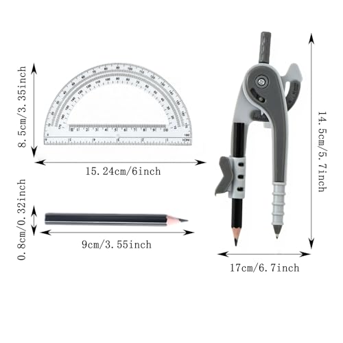 Unjoo Compass for Geometry Set, 6 Inch Protractor, Clear Plastic (Gray) - color: Gray