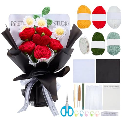 INFUNLY 15 Set Valentine's Day Crochet Flower Bouquet Kit Red Rose DIY Crochet Flower Kit for Beginners White Sunflower Artificial Knitted Bouquet with Step-by-Step Tutorial for Wedding Bridal Decor - style: Red Rose