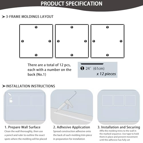 Lunghaa 3-Frame 24" x 24" Premade Accent Wall Molding Kit, Ready-to-Assemble Wainscoting Panels, Pre-Cut Chair Rail Moulding Trim Picture Frame for Home Décor - size: 3-Frame, 24"W x 24"H
