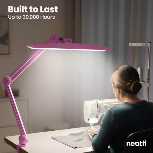 Neatfi XL 2200 Lumens 24W LED Desk Lamp – Shadow-Free Task Lighting | 4-Level Dimming | Home Office & Crafts Use | 20-Inch Wide Head (Pink, Non-CCT with Clamp) - color: Pink, size: Non-CCT with Clamp